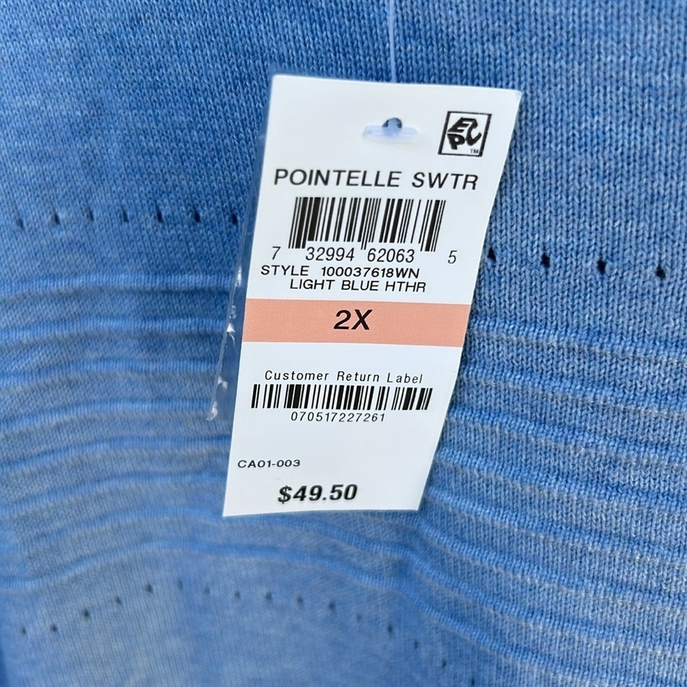 NWT Woman’s Karen Scott Pointelle Sweater Light Heather Blue Plus Size 2X - Picture 3 of 6
